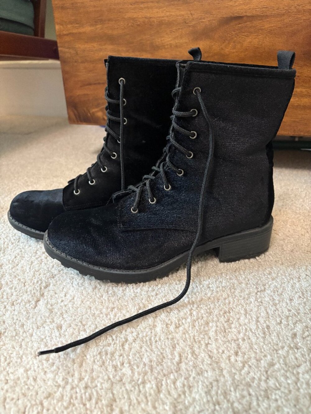 Charles Albert Black Velvet Combat Boots Women's Size 9